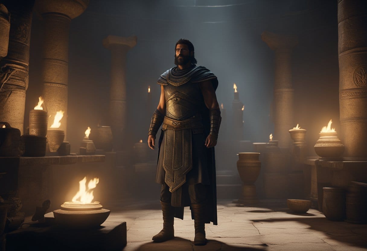 The protagonist stands in a dimly lit room, surrounded by ancient artifacts and flickering torches. A computer screen displays the search for "Ghost of Sparta" game files