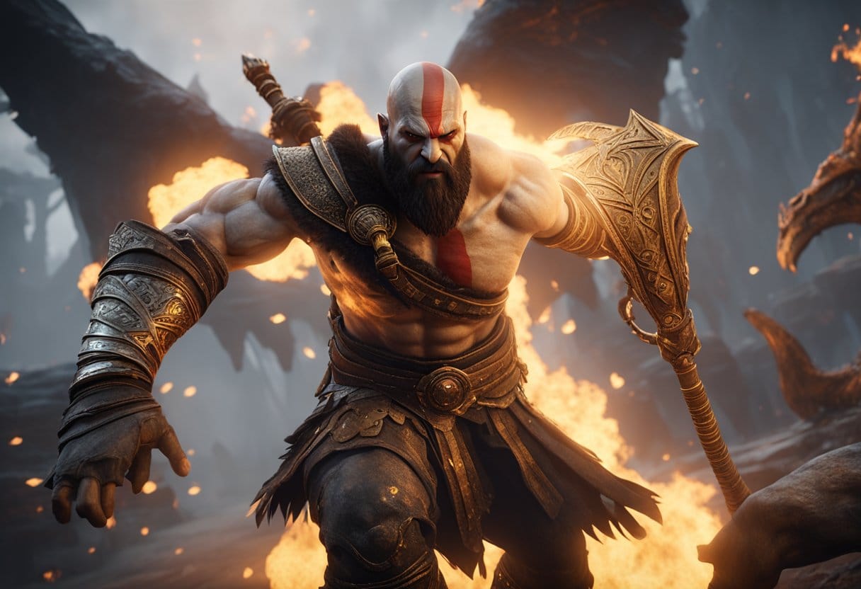 Kratos battles a fearsome mythological creature in a fiery underworld