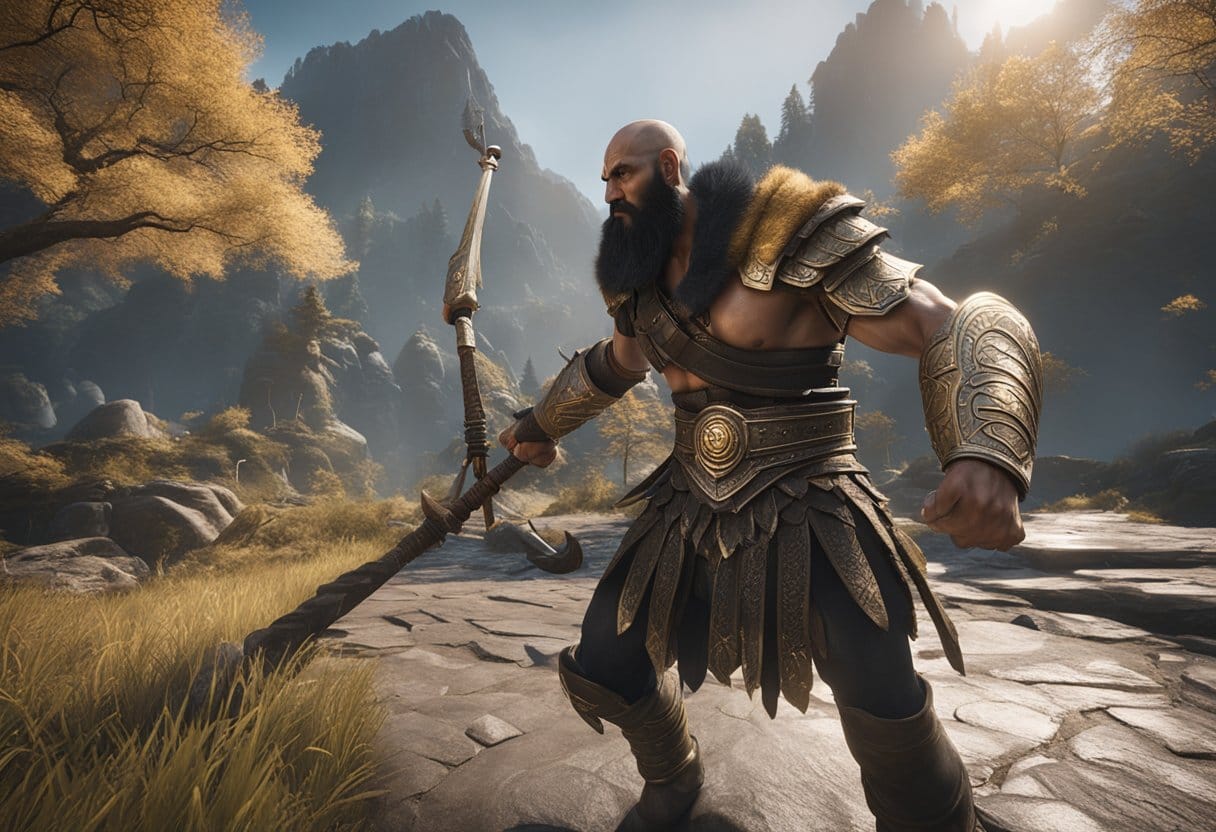 A powerful god of war battles mythical creatures in a digital realm, optimizing game performance