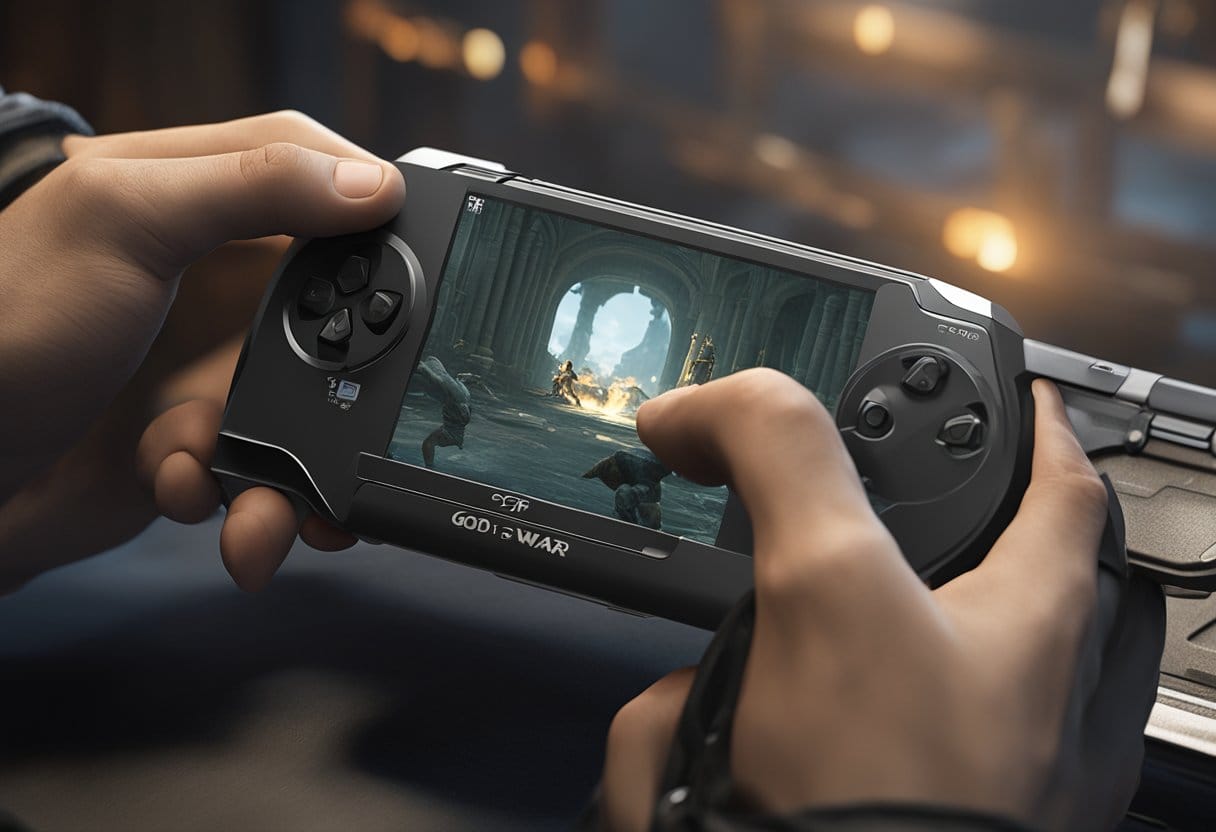 A hand holding a PSP console with a screen showing the game "God of War: Ghost of Sparta" being downloaded and installed