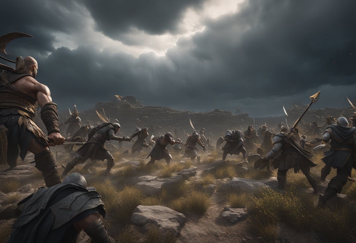 A fierce battle between Kratos and a horde of mythical creatures in a desolate, ancient Greek landscape. The sky is filled with dark storm clouds, and the ground is littered with the remnants of fallen enemies