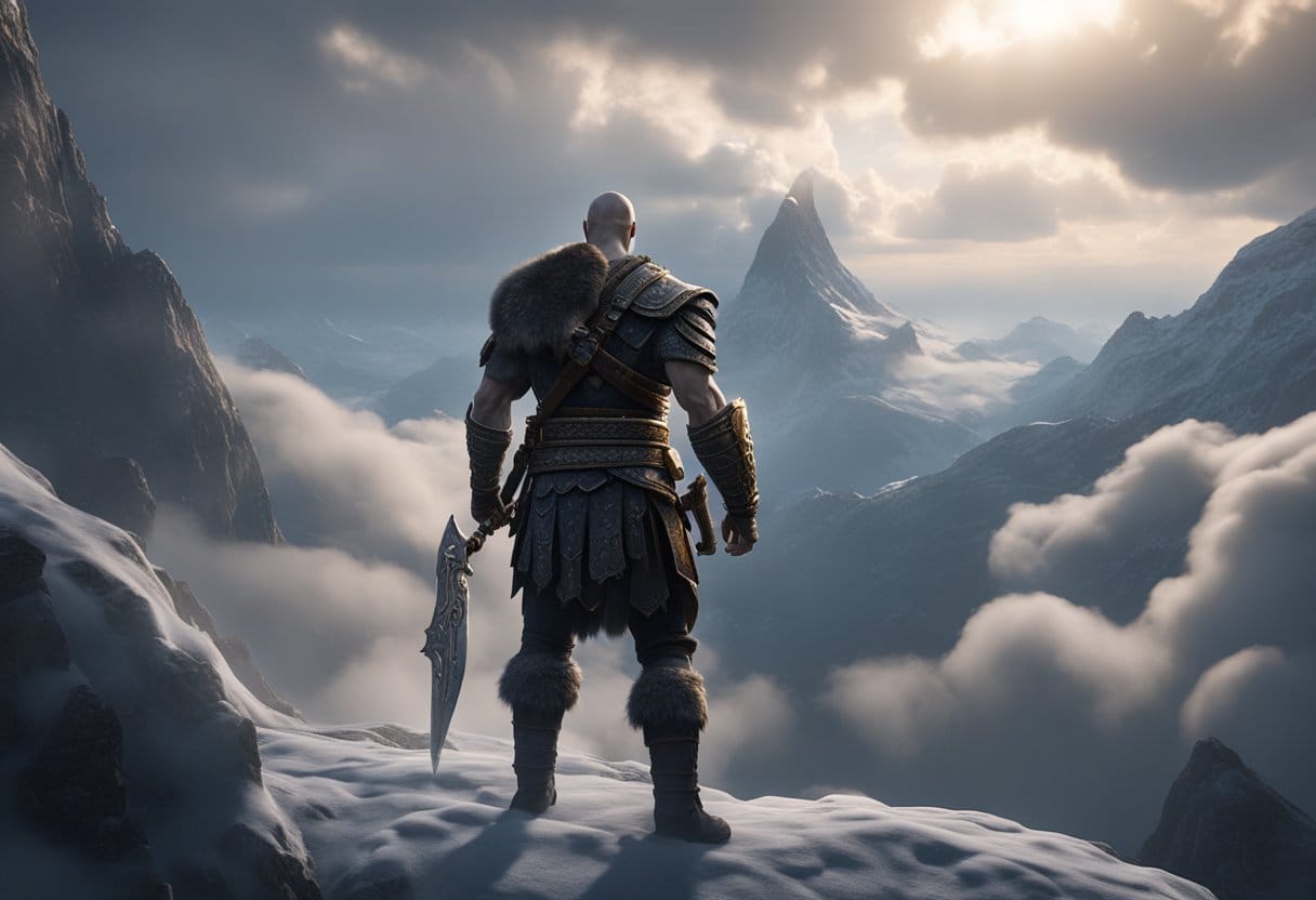 The god of war standing on a mountain, surrounded by swirling clouds and holding a glowing weapon