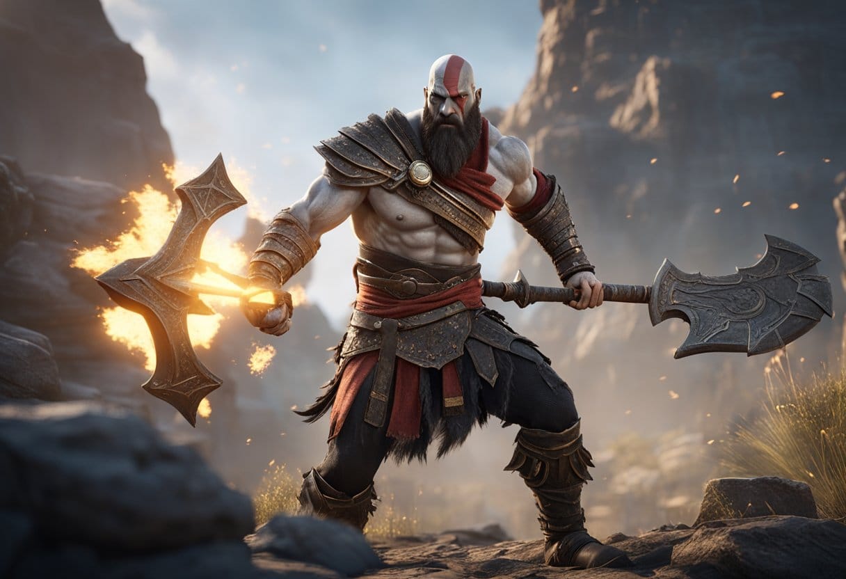 Kratos battles mythical creatures in an ancient, war-torn landscape, wielding his iconic Blades of Chaos with intense determination