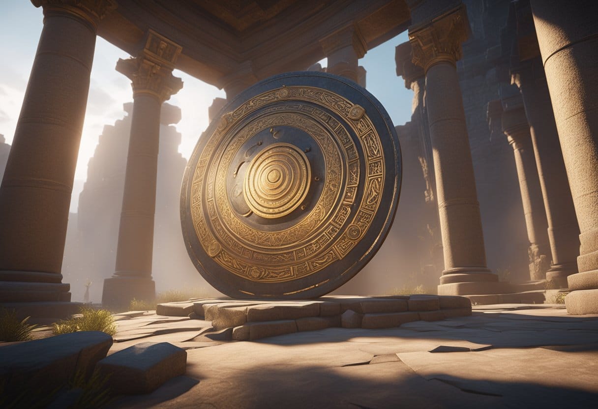 A glowing portal opens, revealing the mythical world of Sparta. A sword and shield lie on the ground, surrounded by ancient ruins and swirling mist