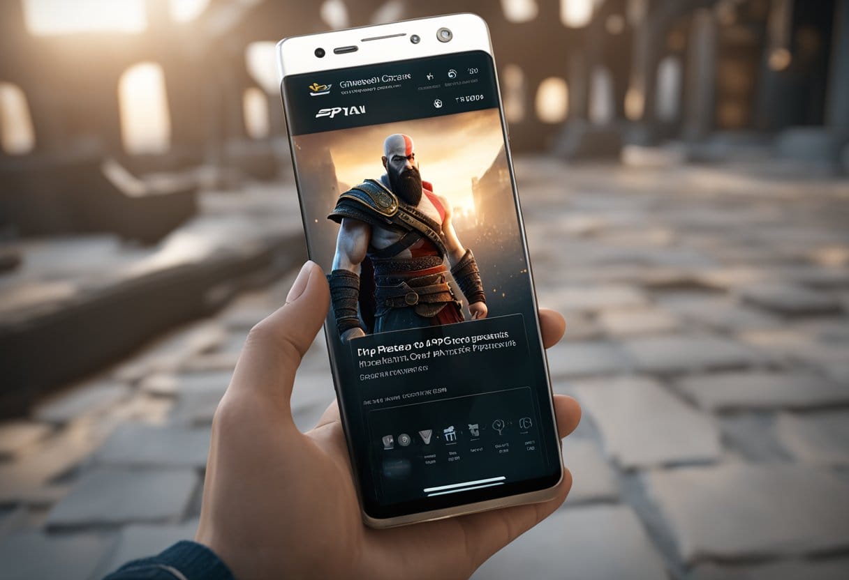 A smartphone screen displaying the PPSSPP app with the God of War: Ghost of Sparta game downloading